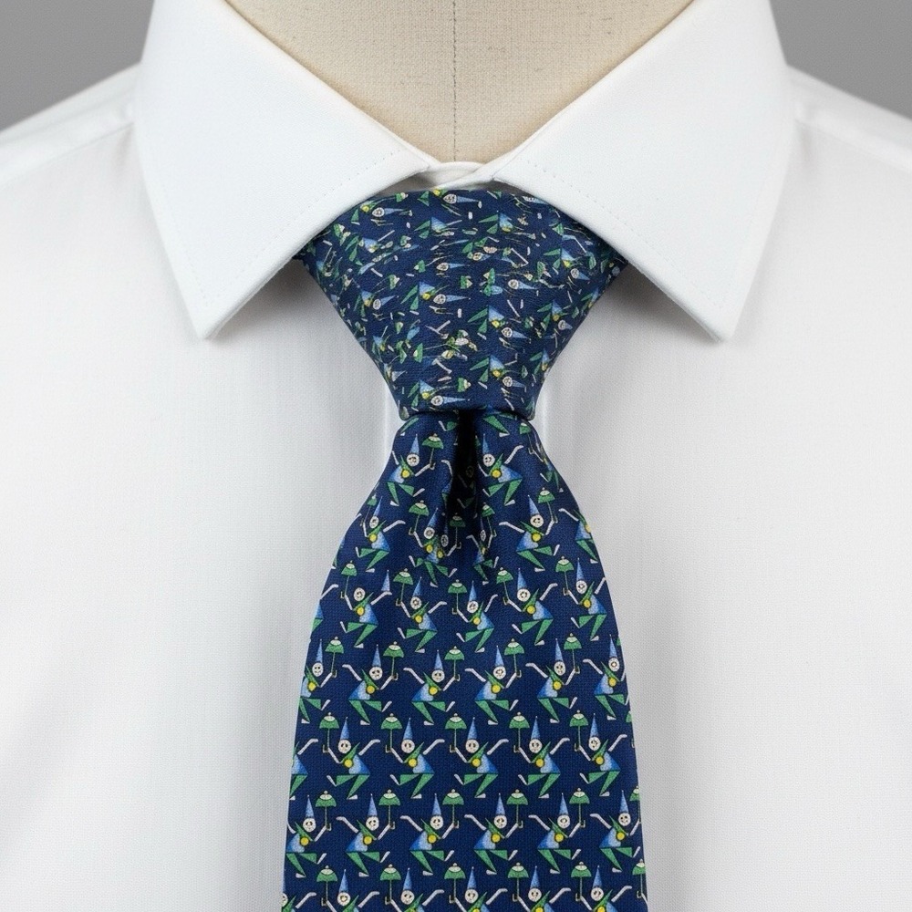 Salvatore Ferragamo Necktie Mens Blue Novelty Golf Print Italy Silk Luxury